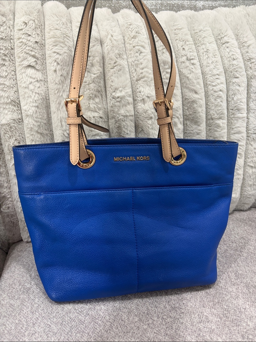 Michael Kors Blue Leather Tote with Tan Handles
